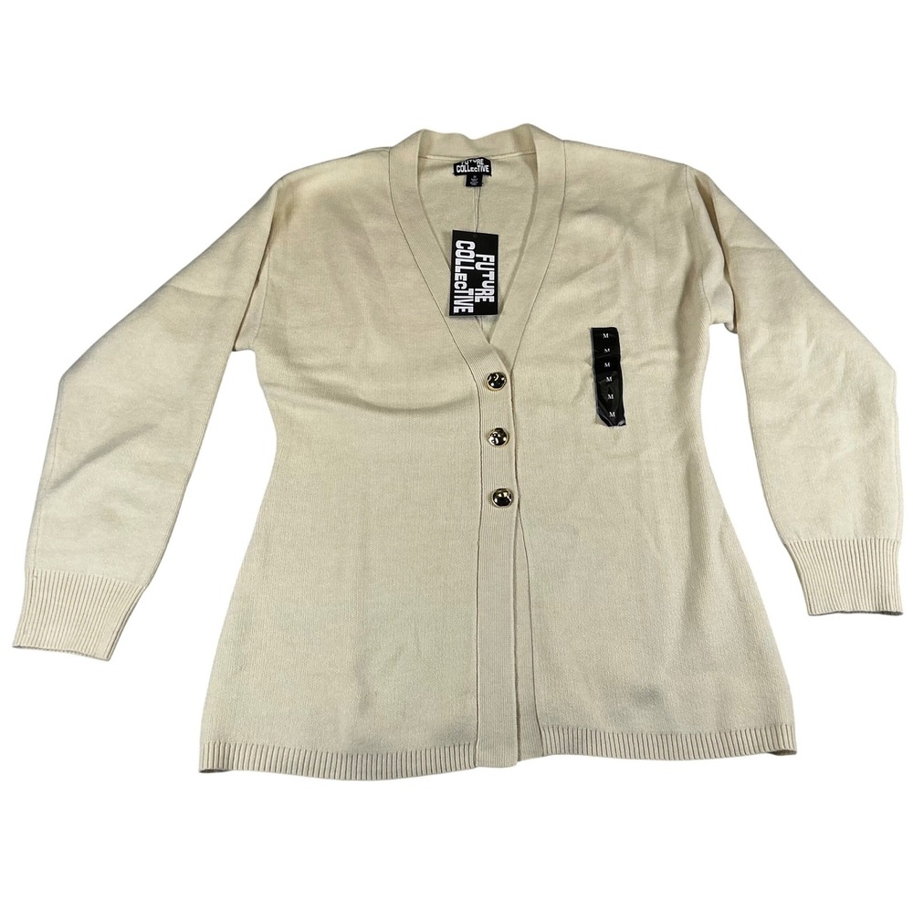 Future Collective Womens M Cream Knit Cardigan V Neck Button Up Soft NEW
